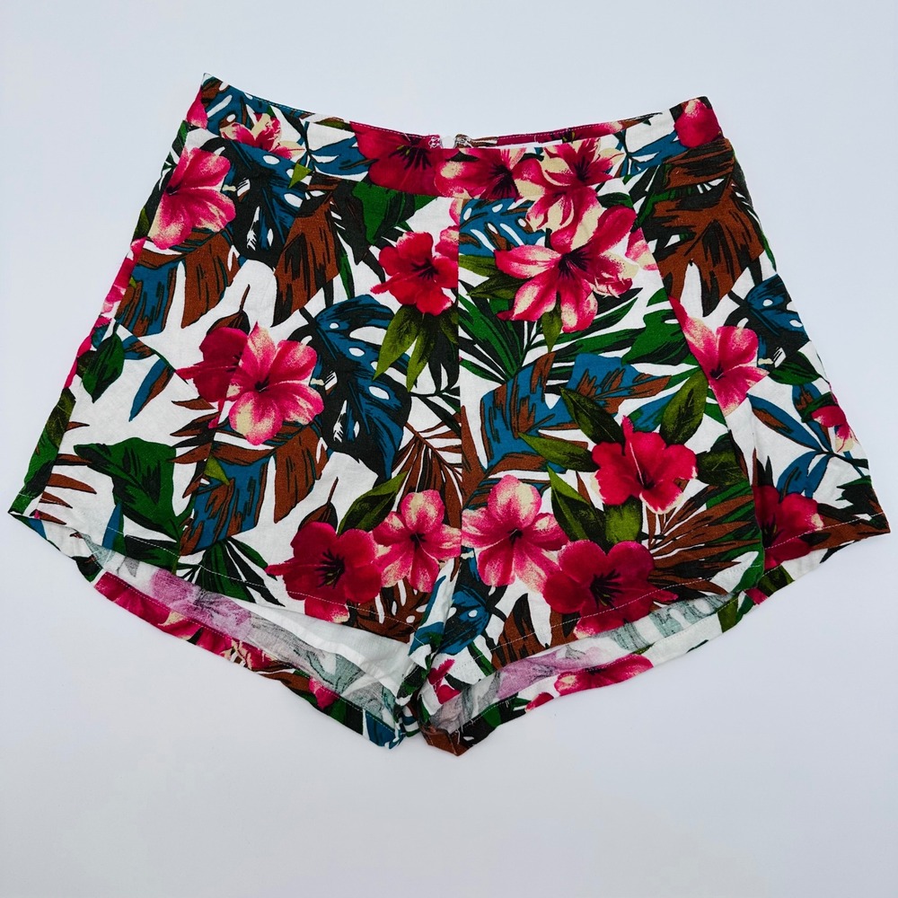 Lush Tropical Floral Linen Blend Shorts Pink Green Hibiscus High Waist Medium